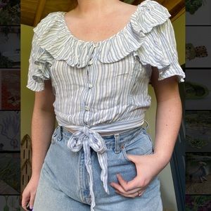 Free People blue and white striped button-up ruffled cropped shirt S
